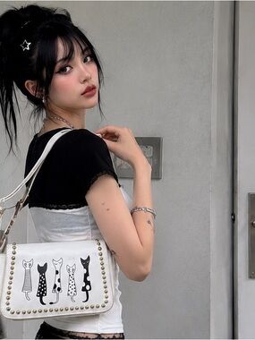 YOKI Vintage White Vegan Kitsch Cat Purse Harajuku Coquette Y2K Shoulder Bag